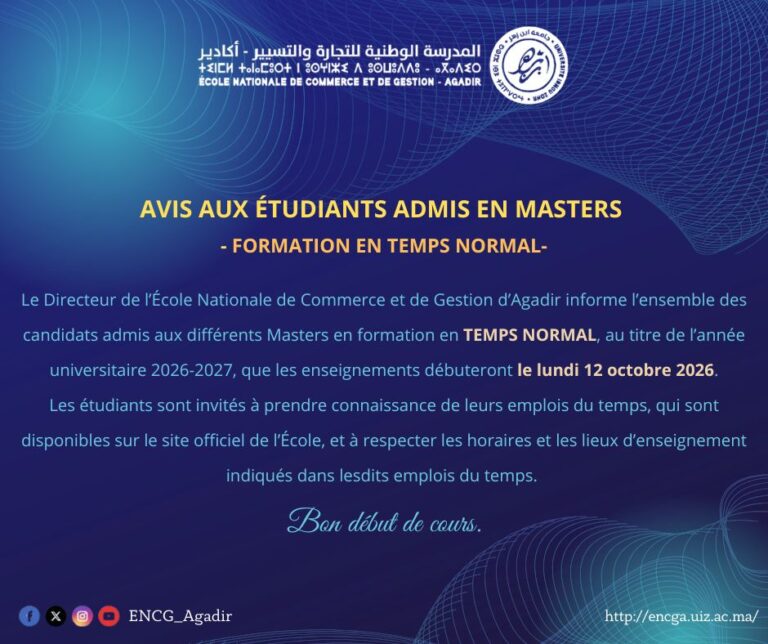 AVIS AUX ÉTUDIANTS ADMIS EN MASTERS -FORMATION EN TEMPS NORMAL-